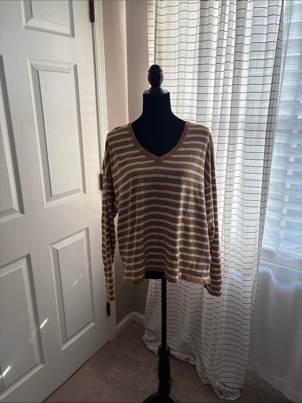 Pact Brown and Cream Striped V-Neck Sweatshirt